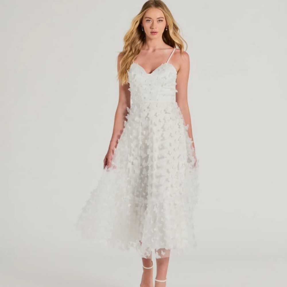 White butterfly appliqué corset lace up midi dress - S NWT